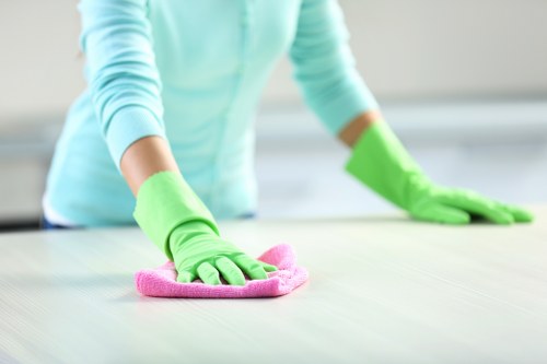 Professional carpet cleaners working safely in a residential room